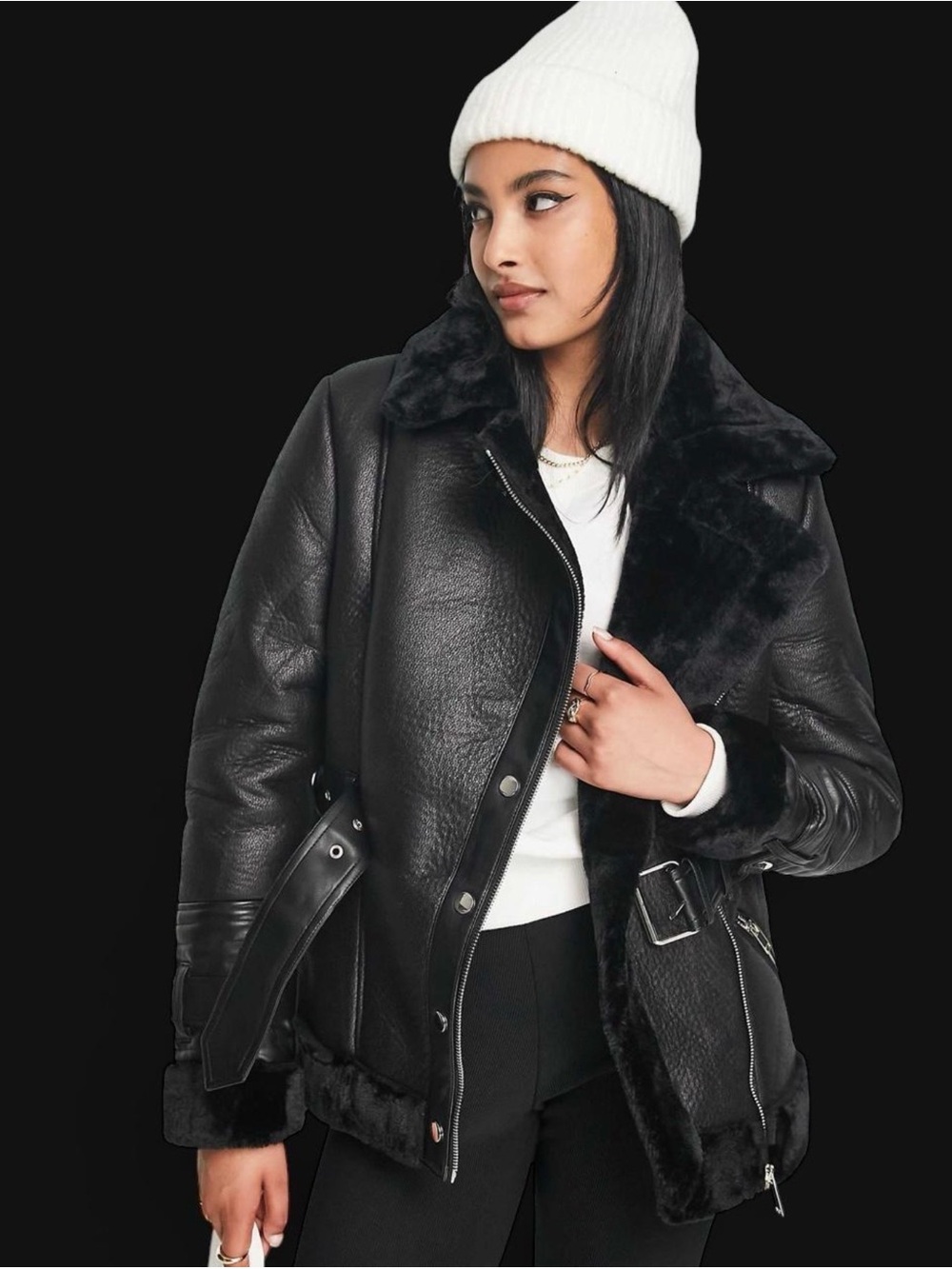 River Island Faux Leather Belted Aviator Jacket Size 12